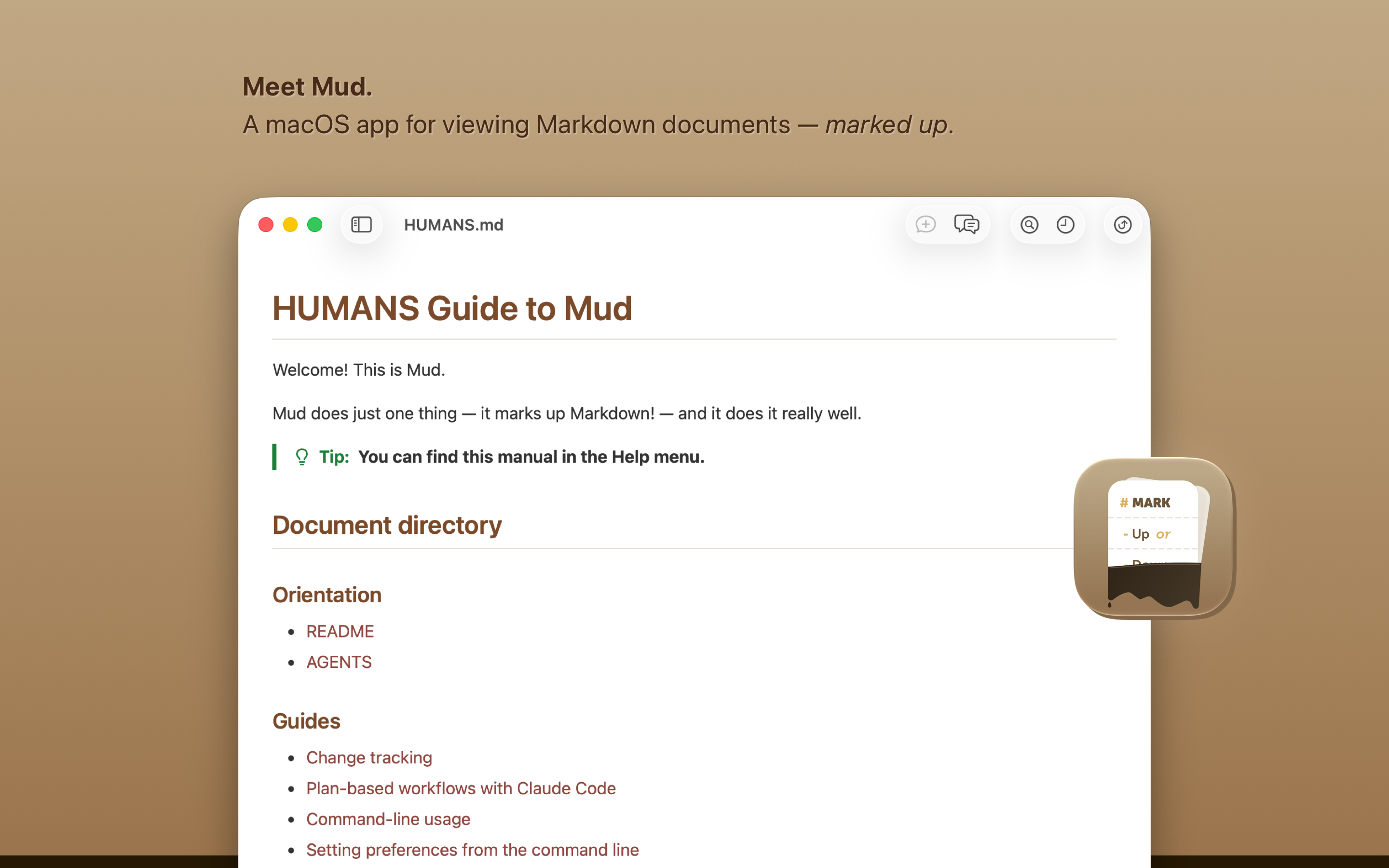 Screenshot: Meet Mud. A macOS app for viewing Markdown documents — marked up.